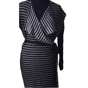 Cato  size Large black & white striped vest striped 3/4 length waterfall collar